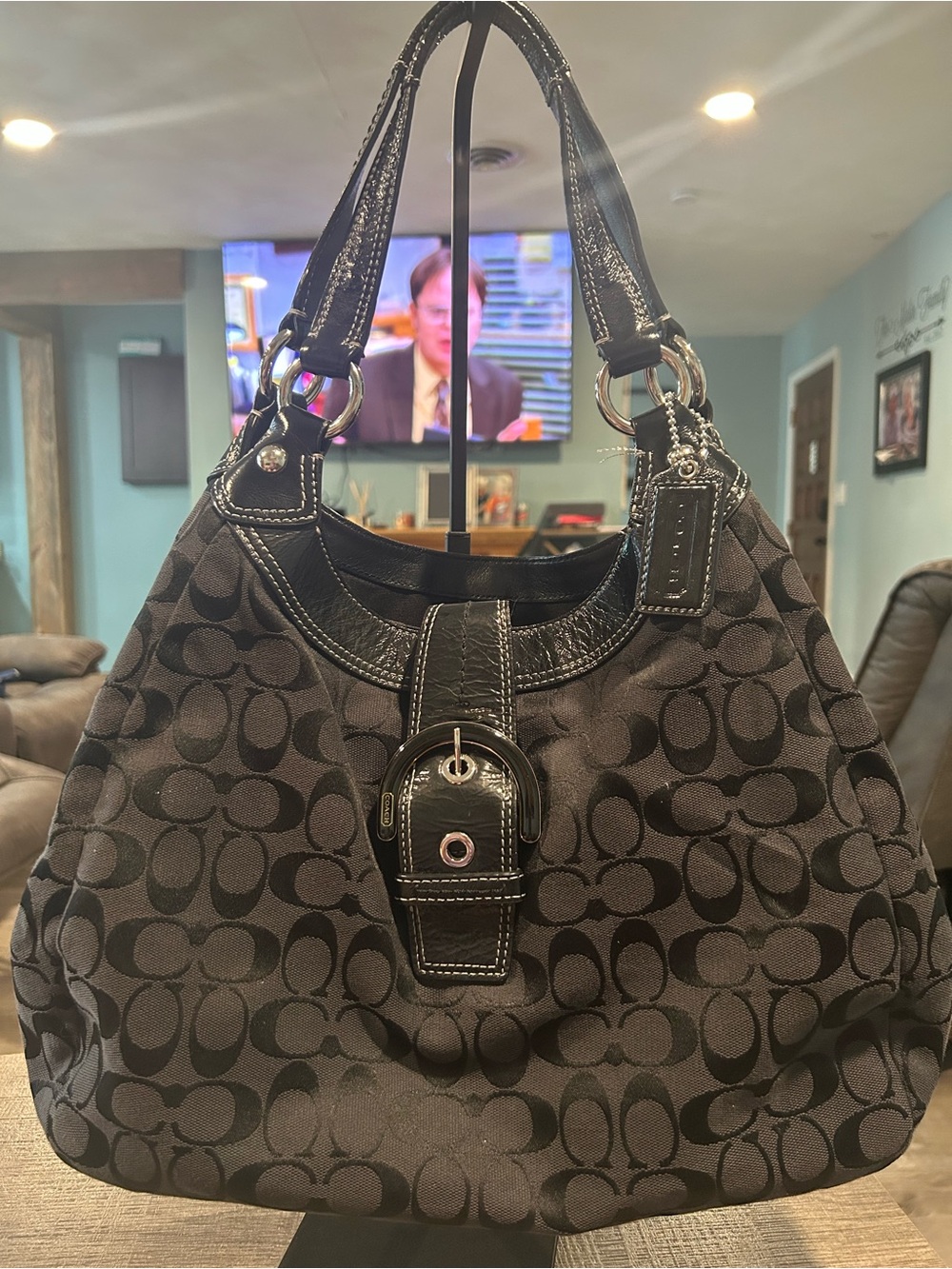 Coach SoHo Signature Buckle Hobo bag Black Jacquard Canvas Leather Trim Y2K - Picture 3 of 16